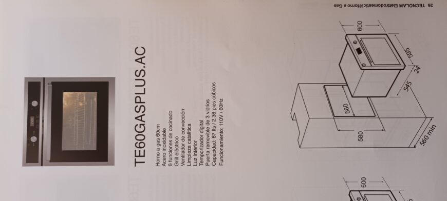 VENDO HORNO DE GAS NUEVO. PARA COCINA INTEGRAL, MARCA “TECNOLAM” CON PANEL DIGITAL
